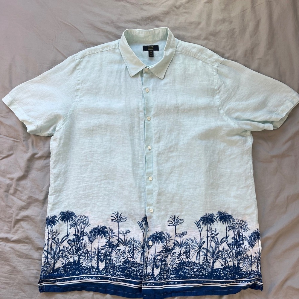 Club Room Light Blue Short Sleeve Button-Down Shirt with Navy Palm Border